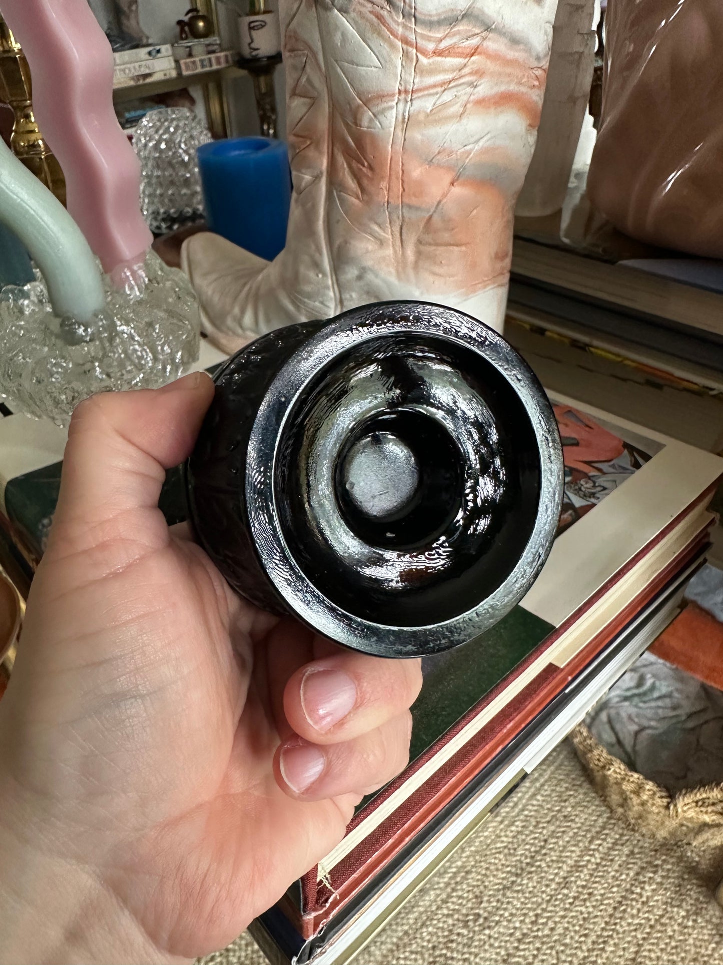 Vintage Fenton Glass Wise Owl Decision Maker Black Trinket Dish – Swivel Head