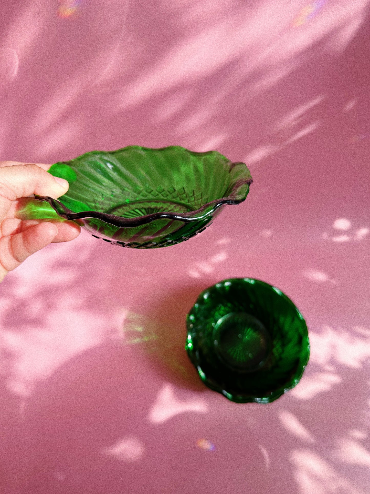 4 Vintage Anchor Hocking Forest Green Glass Bowls Diamond Swirl Ruffled Edge, 6.5”