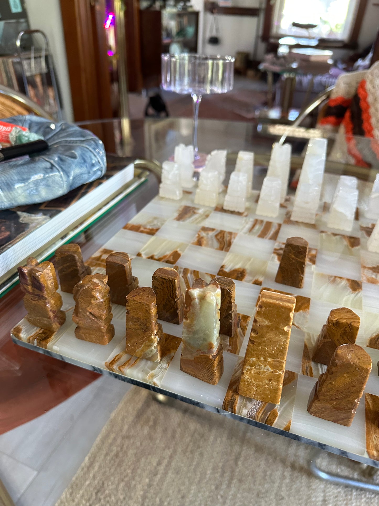 Vintage Complete Aztec Chess Set Marble Cut Stone Hand Carved Large Brown White