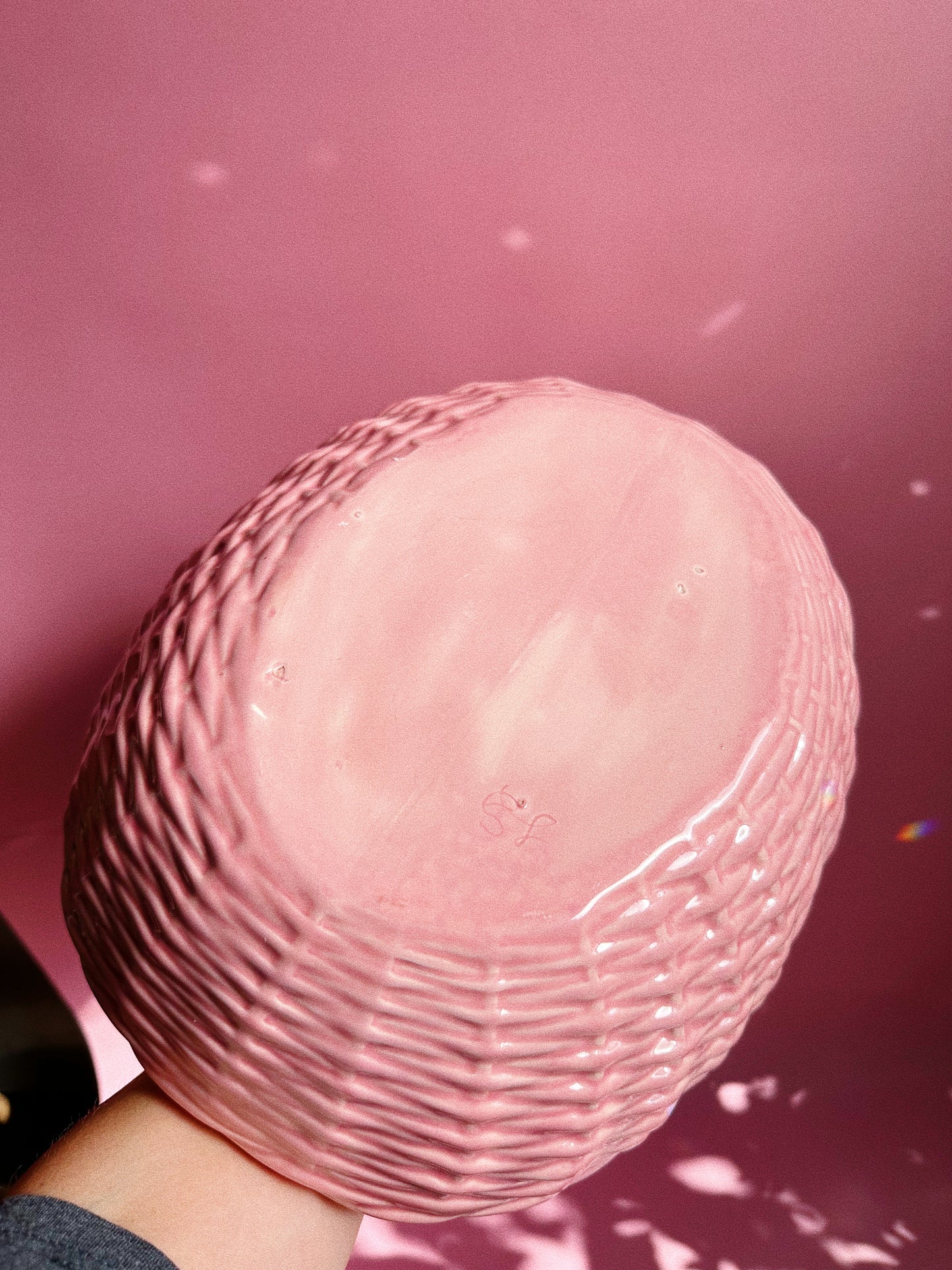Large Vintage Ceramic Weaved Pink Basket