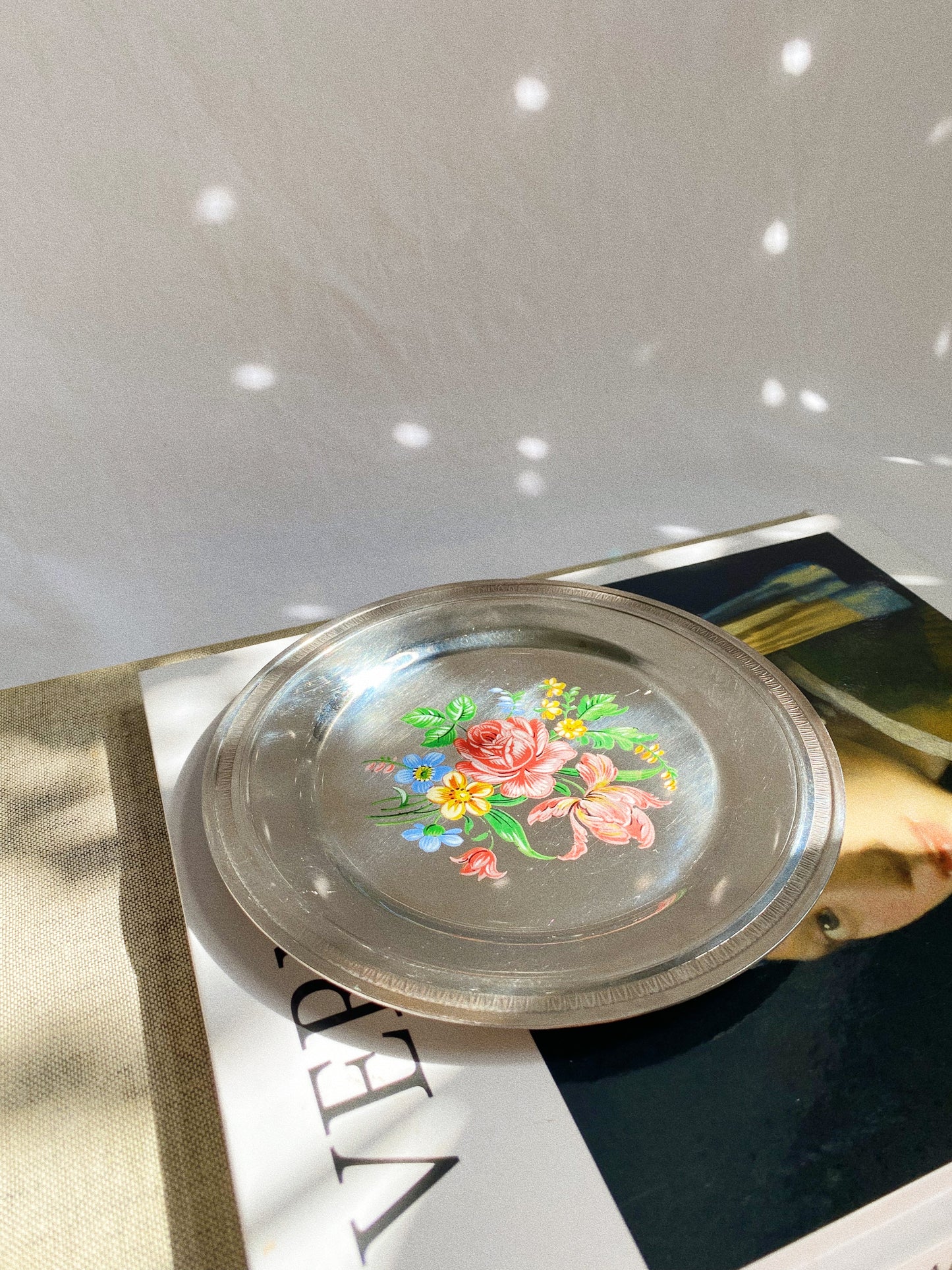 Vintage Stainless Steel Floral Plate