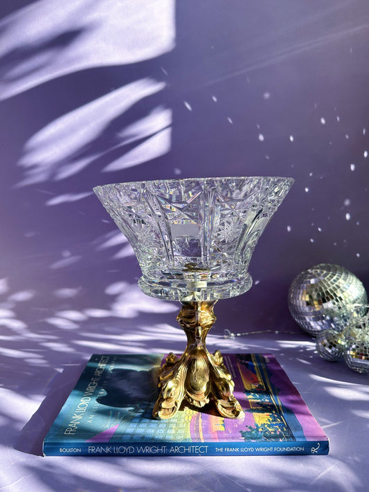 L&L Cut Glass Pedestal Centerpiece Bowl Bronze Brass 9 1/8 X 8 1/2"