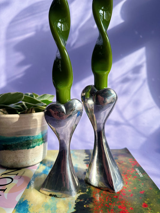 Vintage Teleflora Chrome Heart Shaped Candlesticks