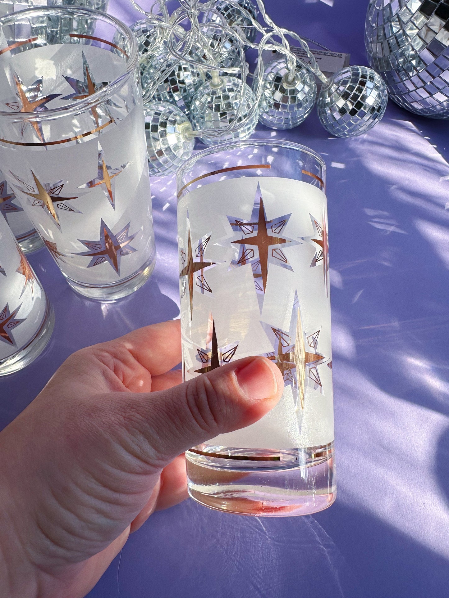 Vintage Set of 6 Dominion MCM Atomic Starburst Frosted Gold Tumblers Glasses 5.5”