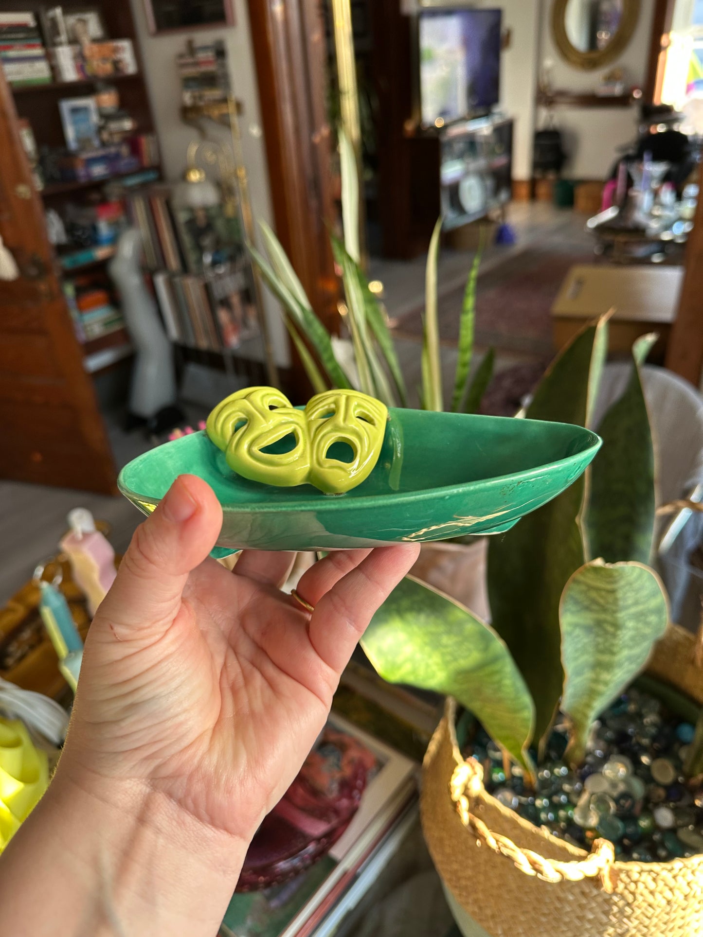 Vintage Mid Century Modern Green / Lime Dish W/ Comedy Tragedy Masks