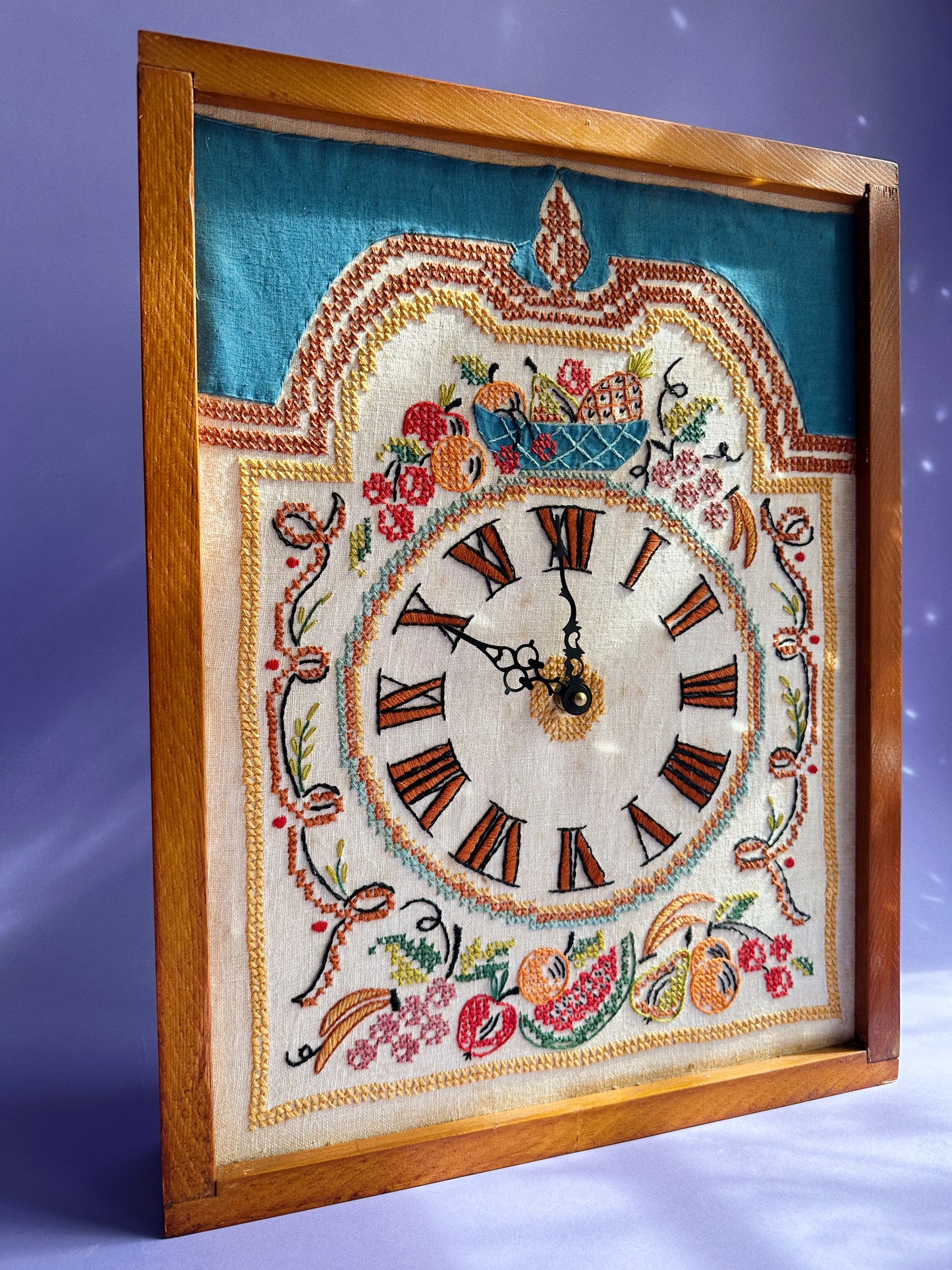 Americana Hand Embroidered Needlepoint Wall Clock, Vintage Handmade