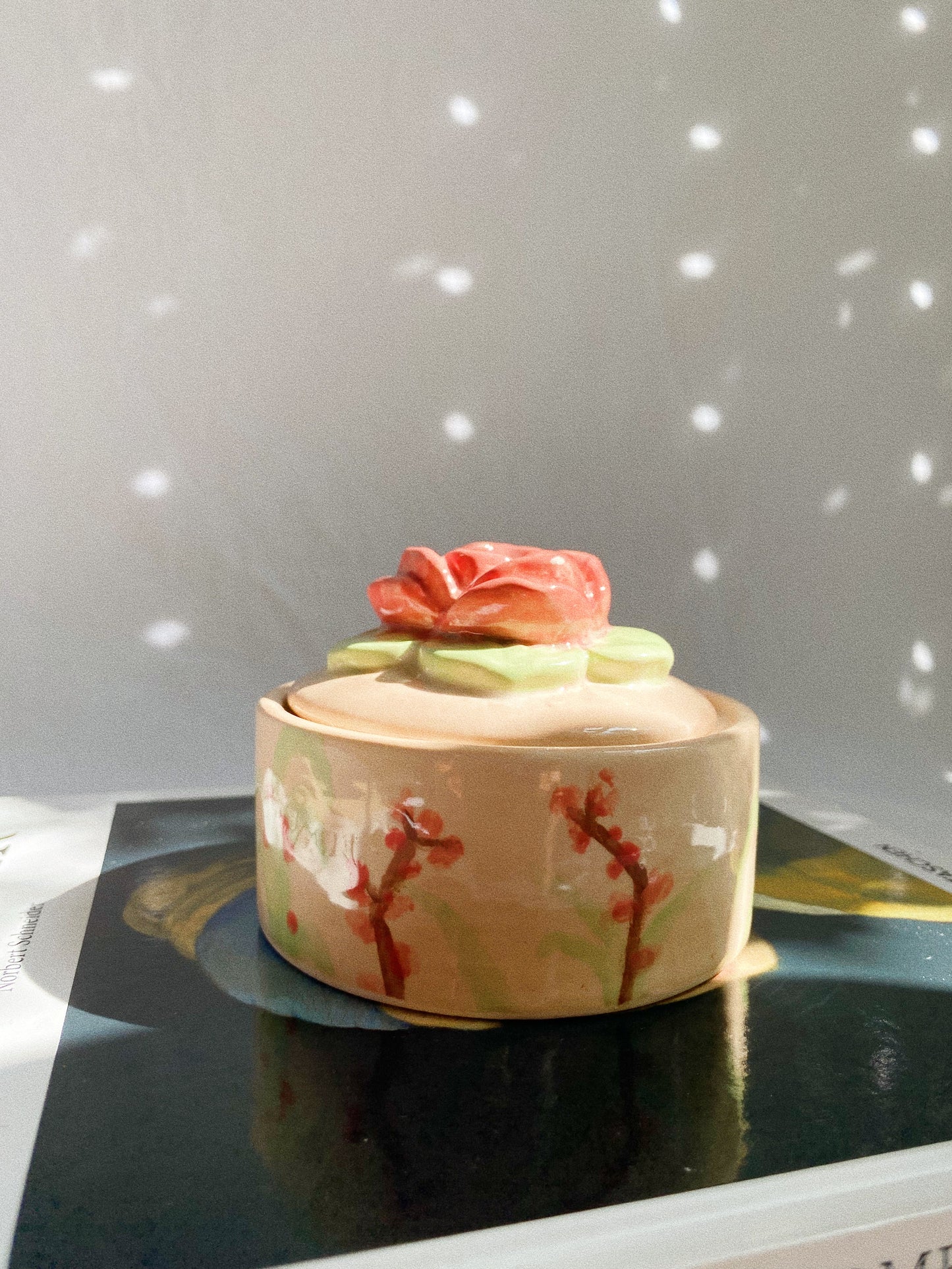 Pink Flower Glazed Pottery Lidded Dish