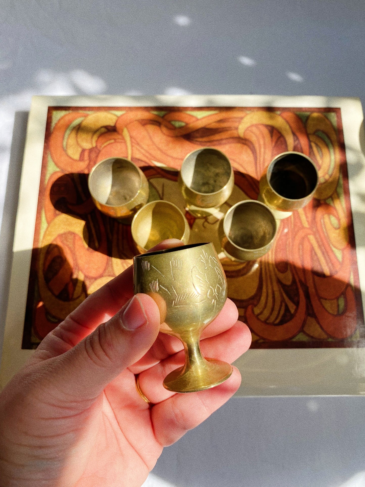 Set of 6 Vintage Etched Brass Footed Shot / Liquor Glasses