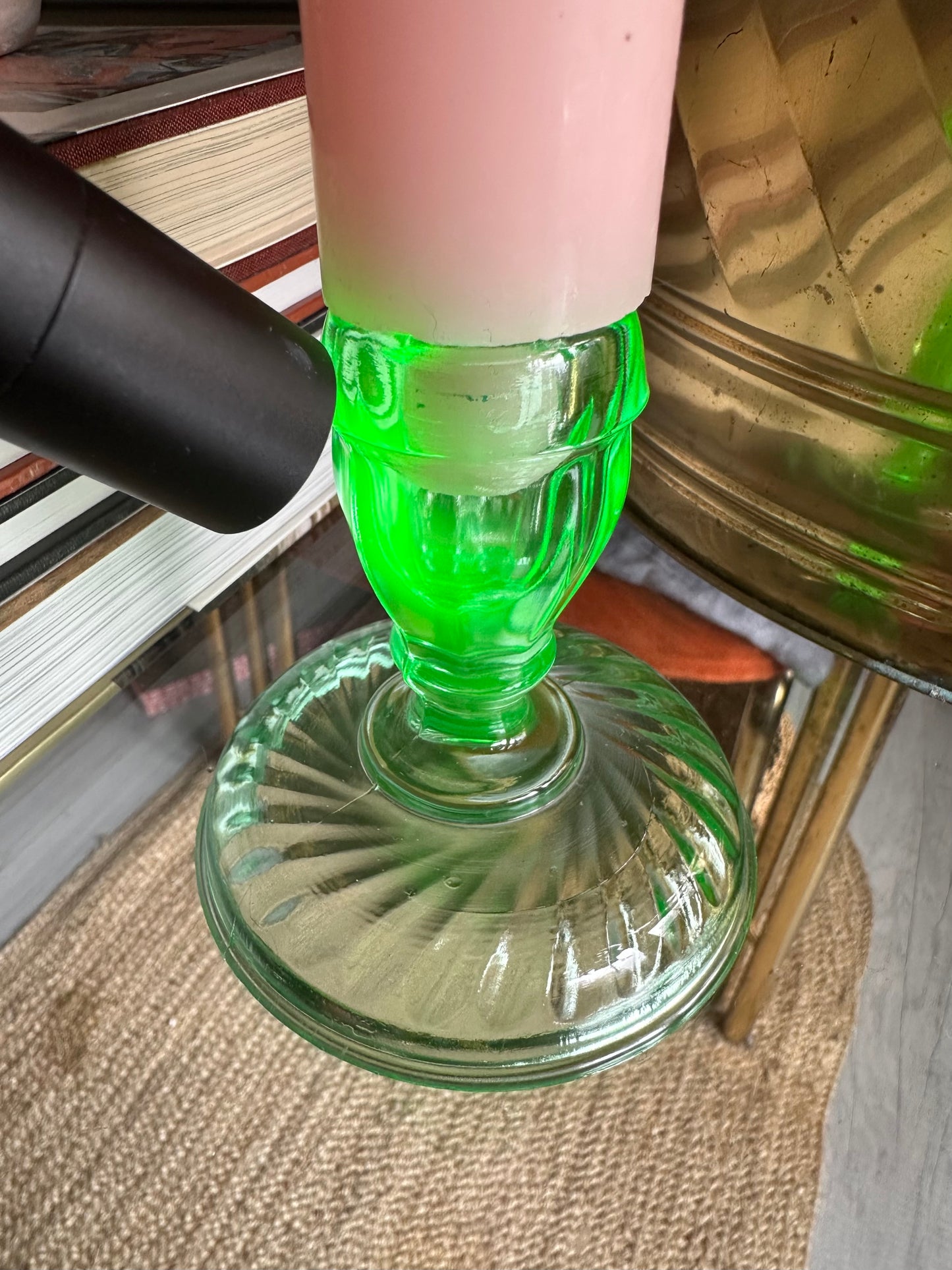 3.5” Single Light Twisted Optic Green Candlestick Uranium 1920s, 30s