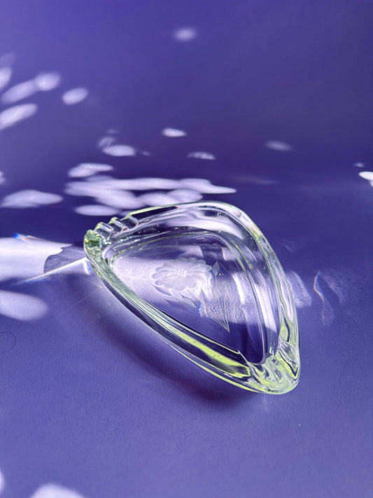 Sweet Vintage Crystal Triangle Floral Etched Ashtray / Throw Dish