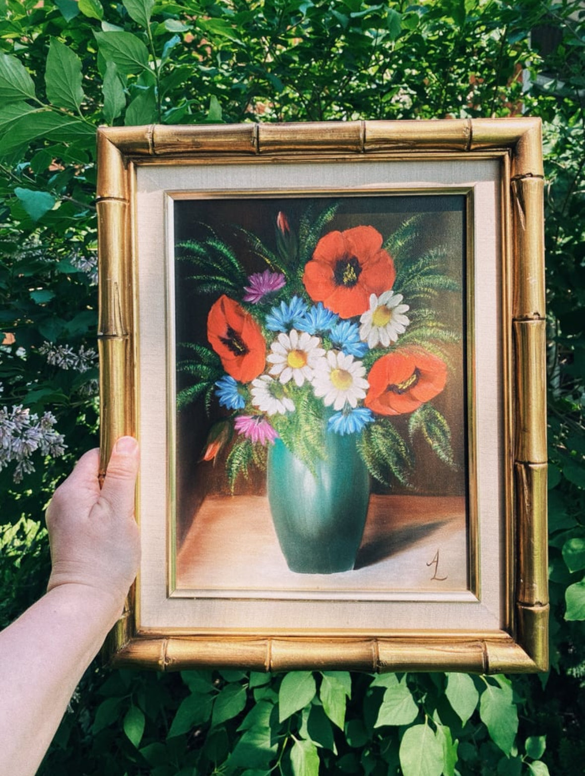 Vintage 1980s Flower Bouquet in Vase Oil Painting