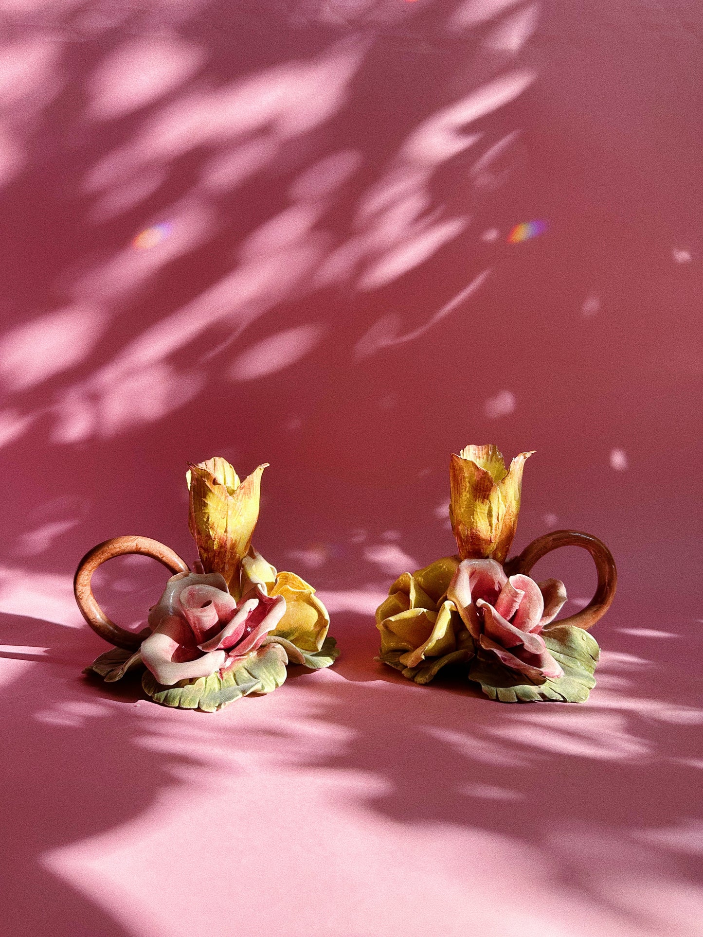 Pair Of Vintage Capodimonte Flower Candle Holder Chamber Candlesticks Italy Made