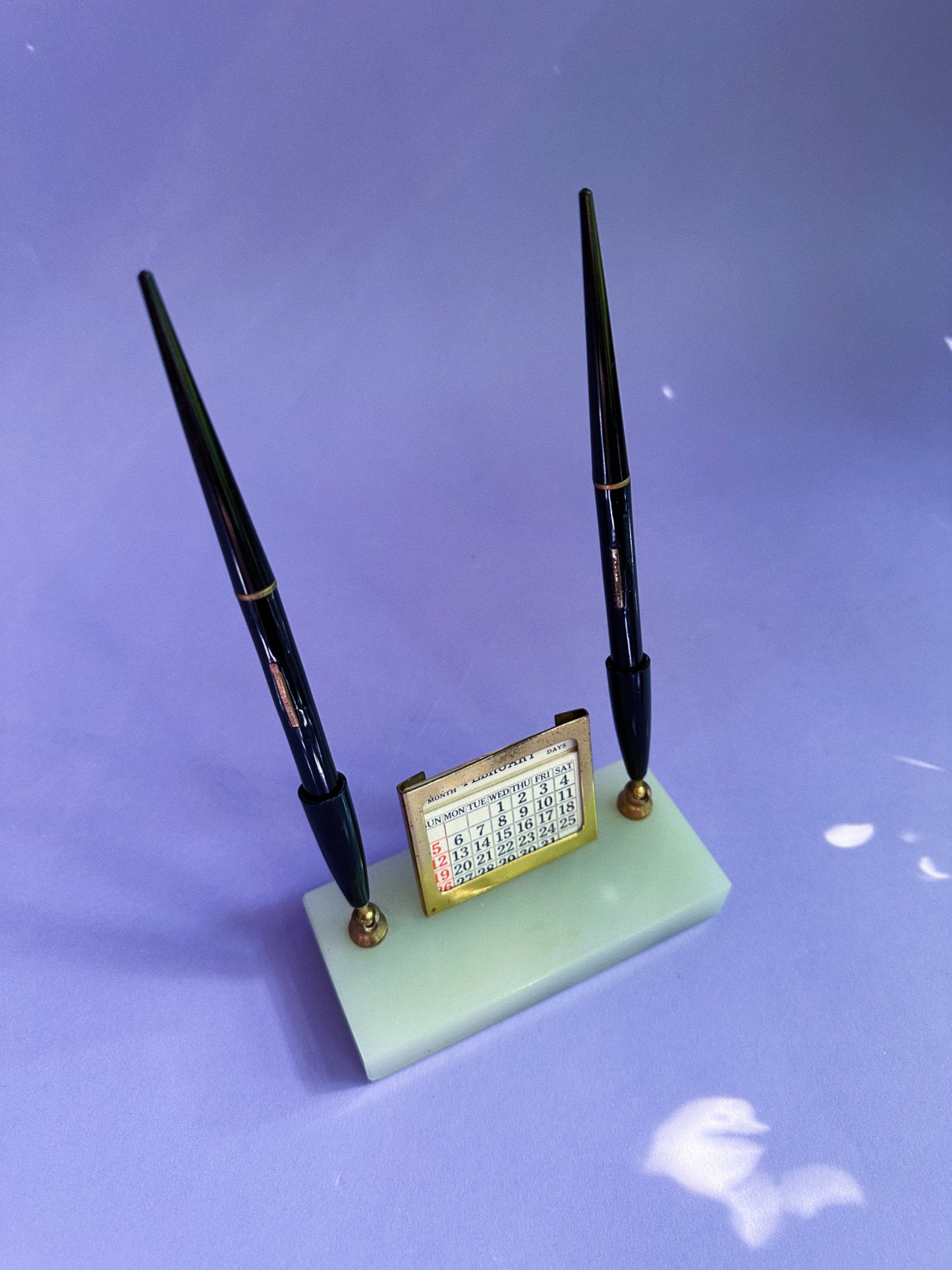 Vintage USA 2 Fountain Pens Marble Holder Perpetual Calendar Brass