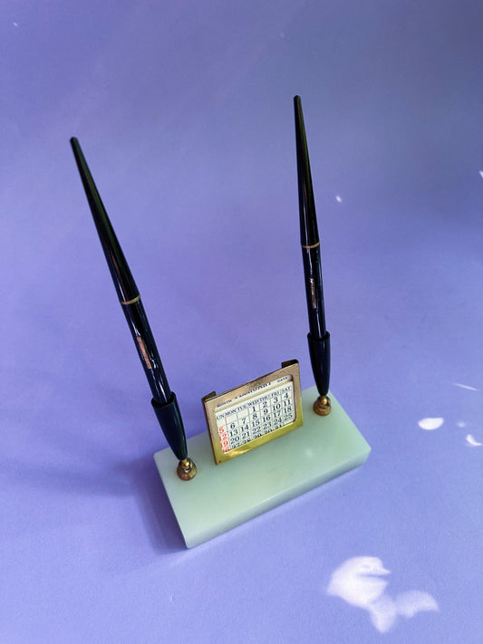 Vintage USA 2 Fountain Pens Marble Holder Perpetual Calendar Brass