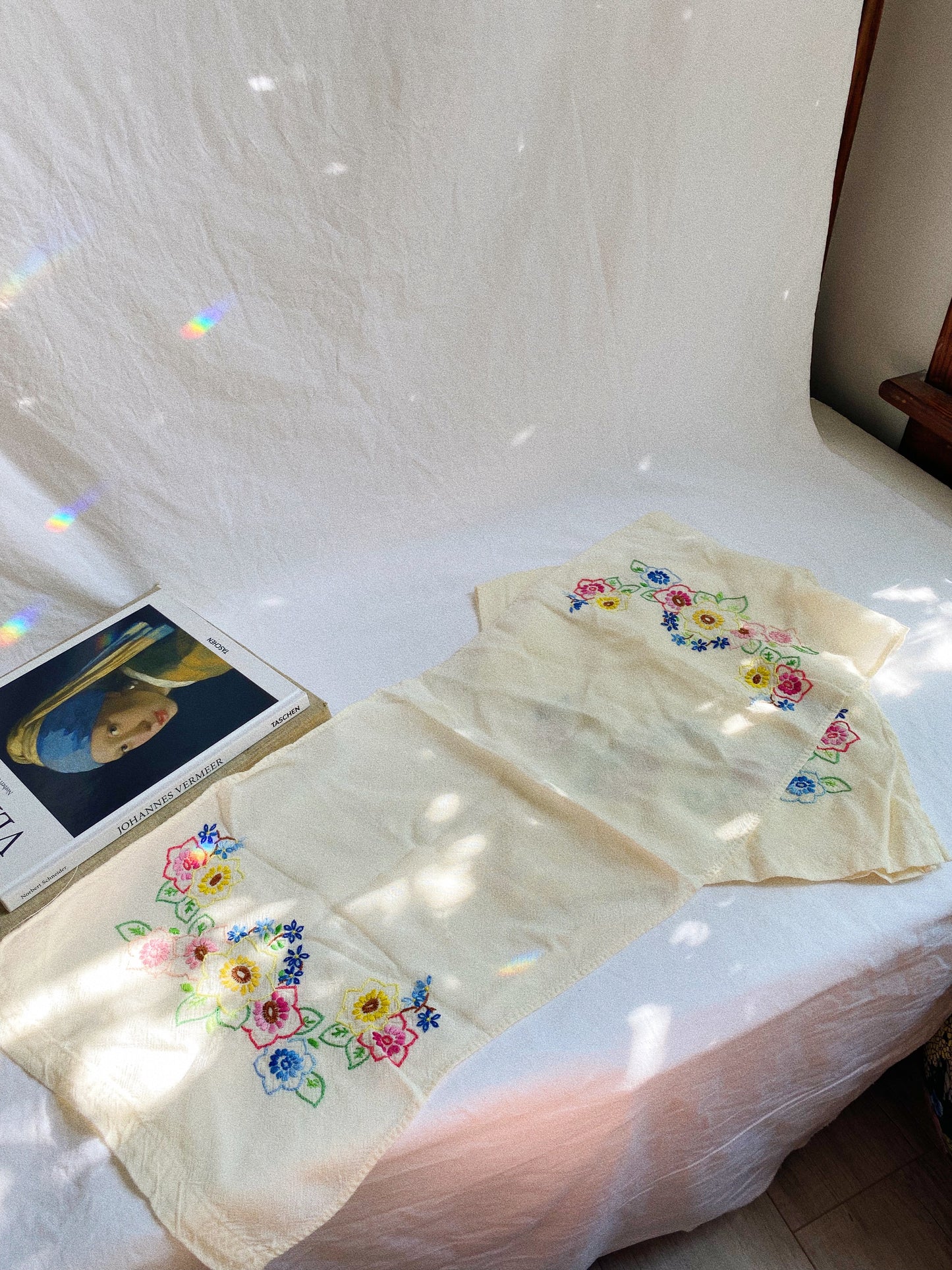 Pair of Vintage Floral Embroidered Linen Towels