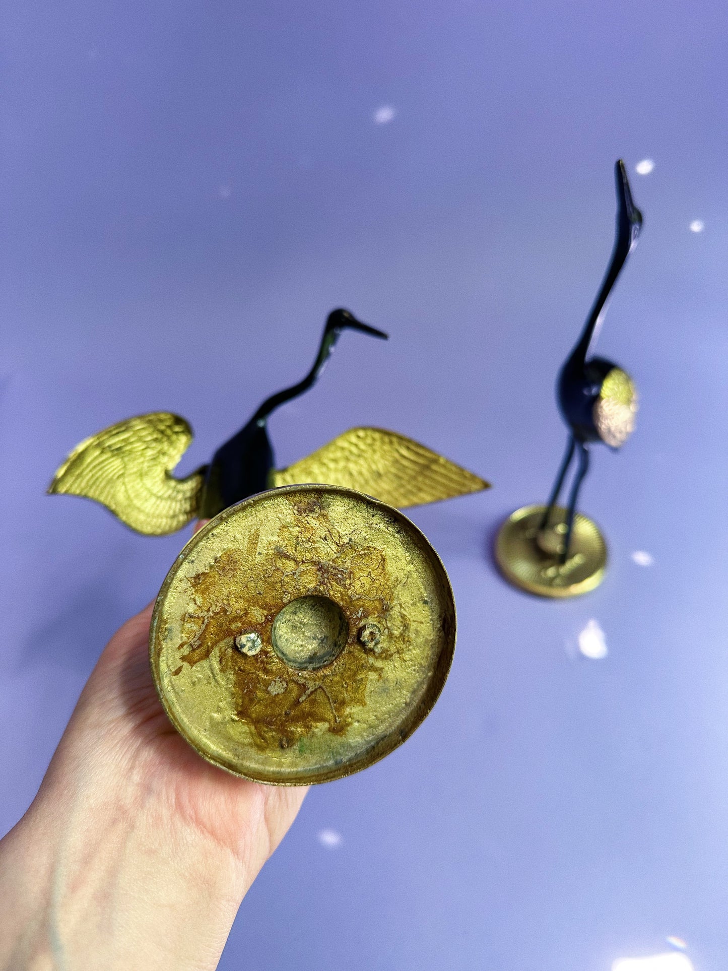 Vintage MCM Brass & Black Enamel Herons / Cranes Sculptures