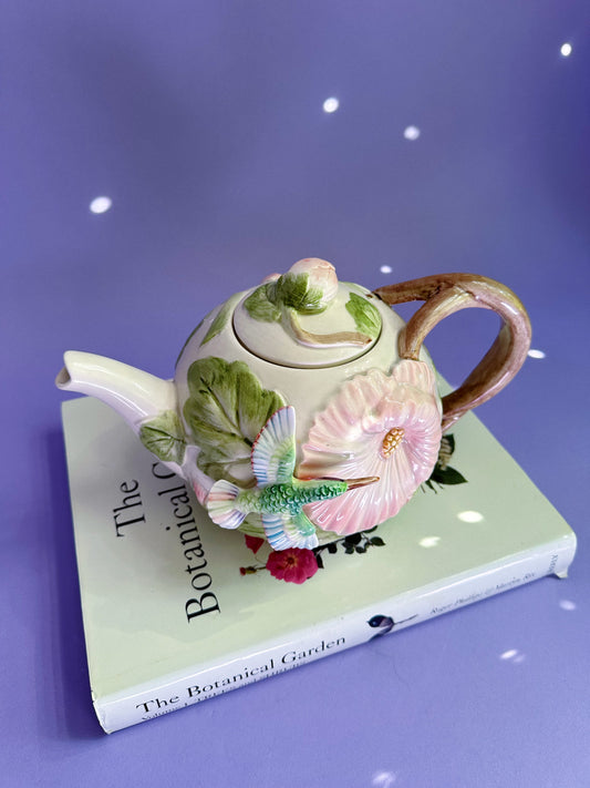 Vintage Fitz & Floyd Hand Painted 48oz Teapot Hummingbird & Hibiscus Ceramic 1987
