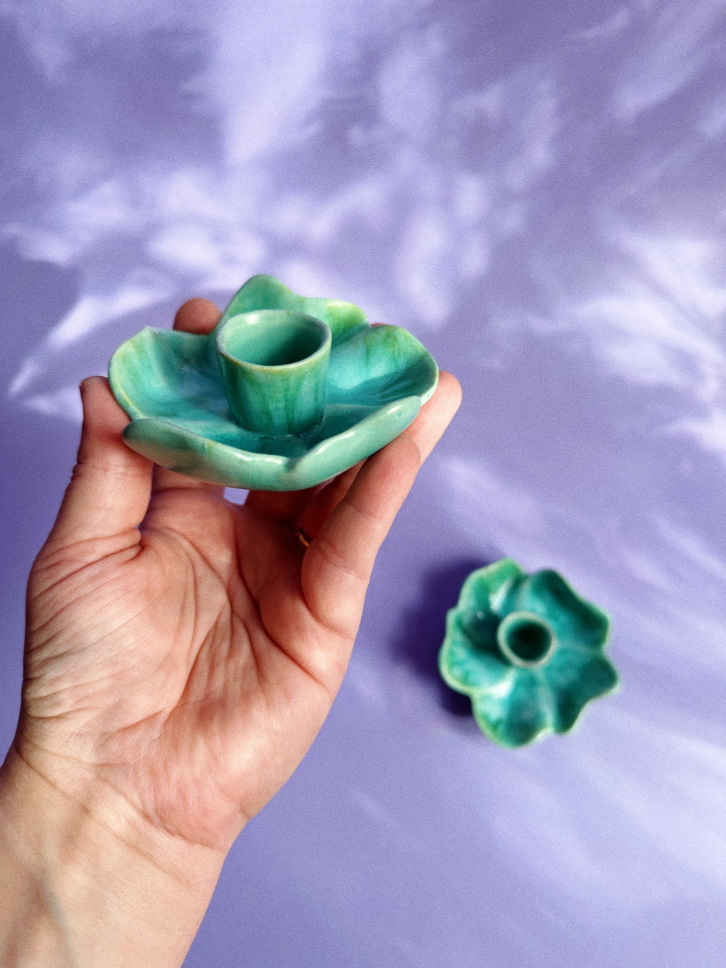 Vintage Ceramic Teal Flower Candlesticks