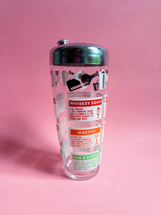 Vintage MCM Cocktail / Mocktail Mixer / Shaker with Printed Drink Recipes