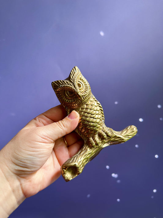 Vintage Solid Brass Hoot Owl on Tree Branch Paper Weight