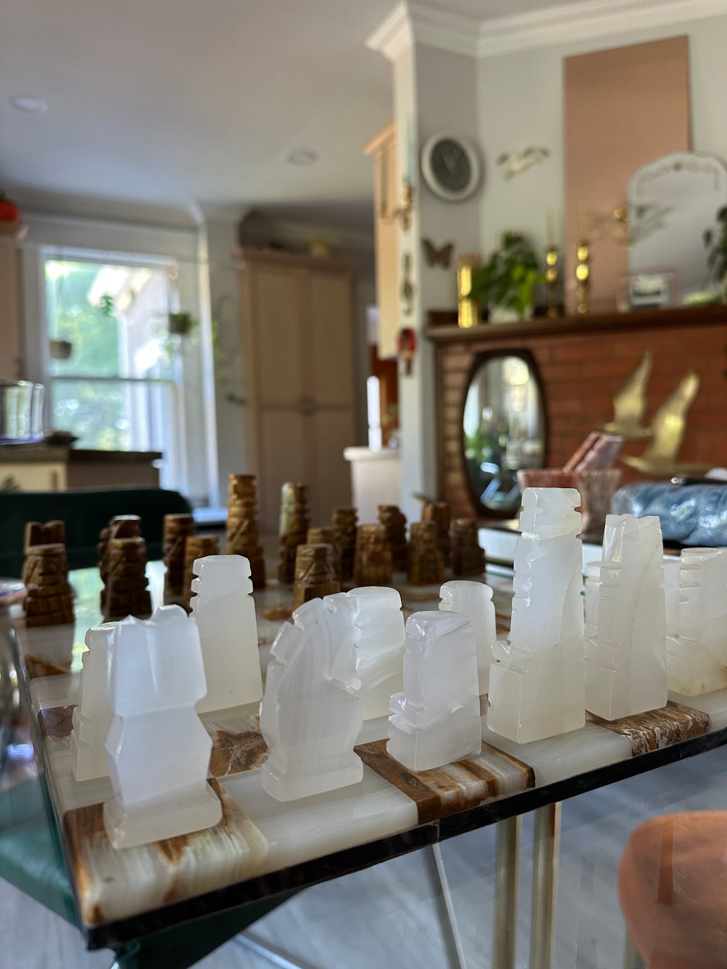 Vintage Complete Aztec Chess Set Marble Cut Stone Hand Carved Large Brown White