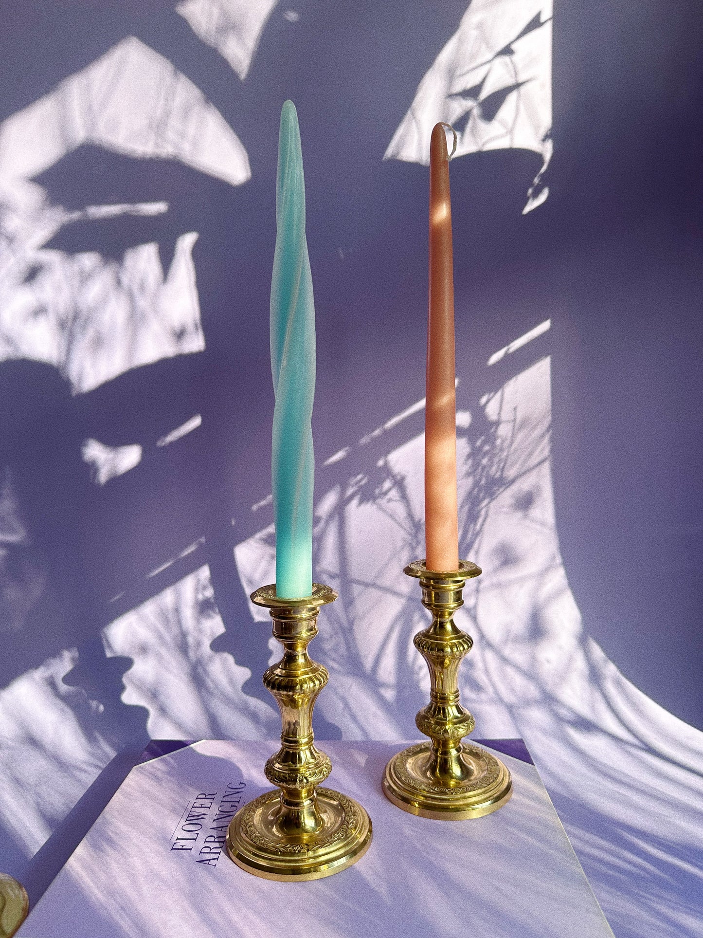 Vintage Shiny Brass Floral Etched Candlesticks