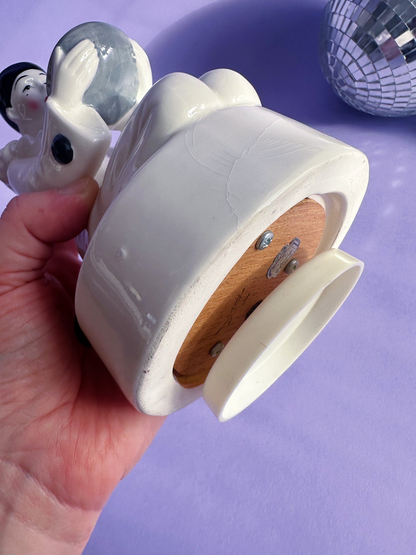 Vintage Spinning Porcelain Clown Pierrot Mime w Bowl 1980s Hand Painted Figurine