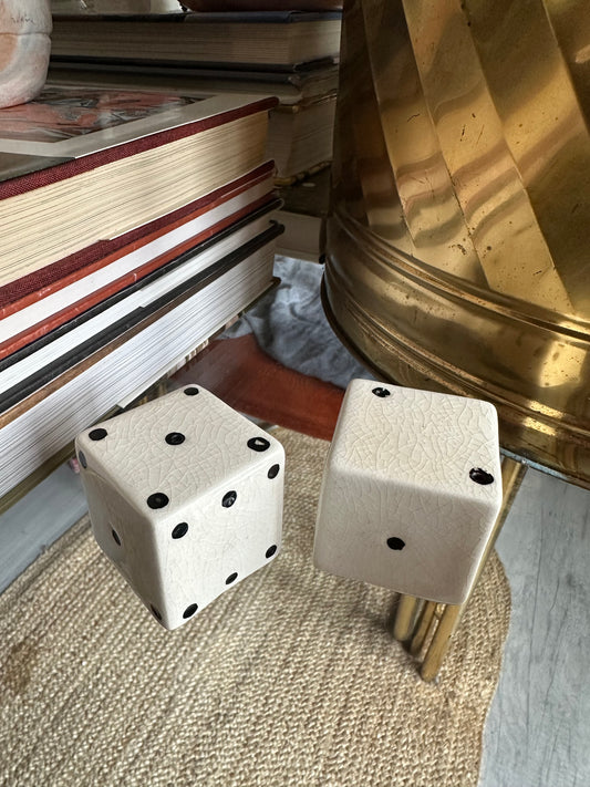 Vintage Pair Of Ceramic Dice Salt & Pepper Shakers w/ Cork Plugs