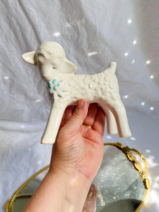 Vintage Nelson McCoy Pottery No. F51 Mold White Lamb 6" Planter c. 1950s