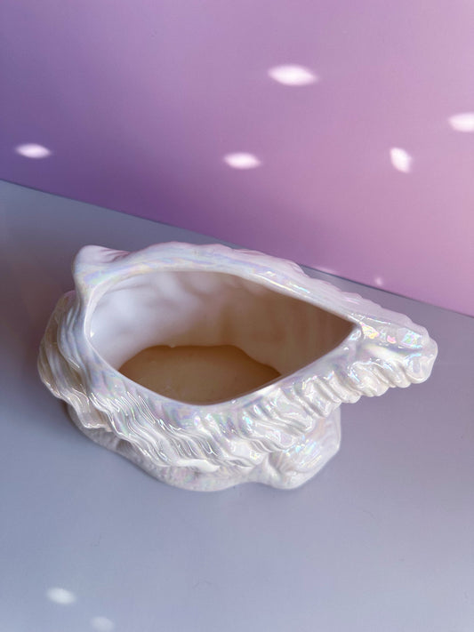 Vintage Iridescent White Ceramic Conch / Seashell Planter