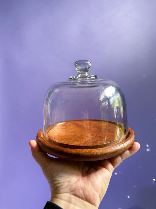 Vintage Genuine Teak Wood Dessert Cheese Board Tray & Glass Dome Cloche Lid