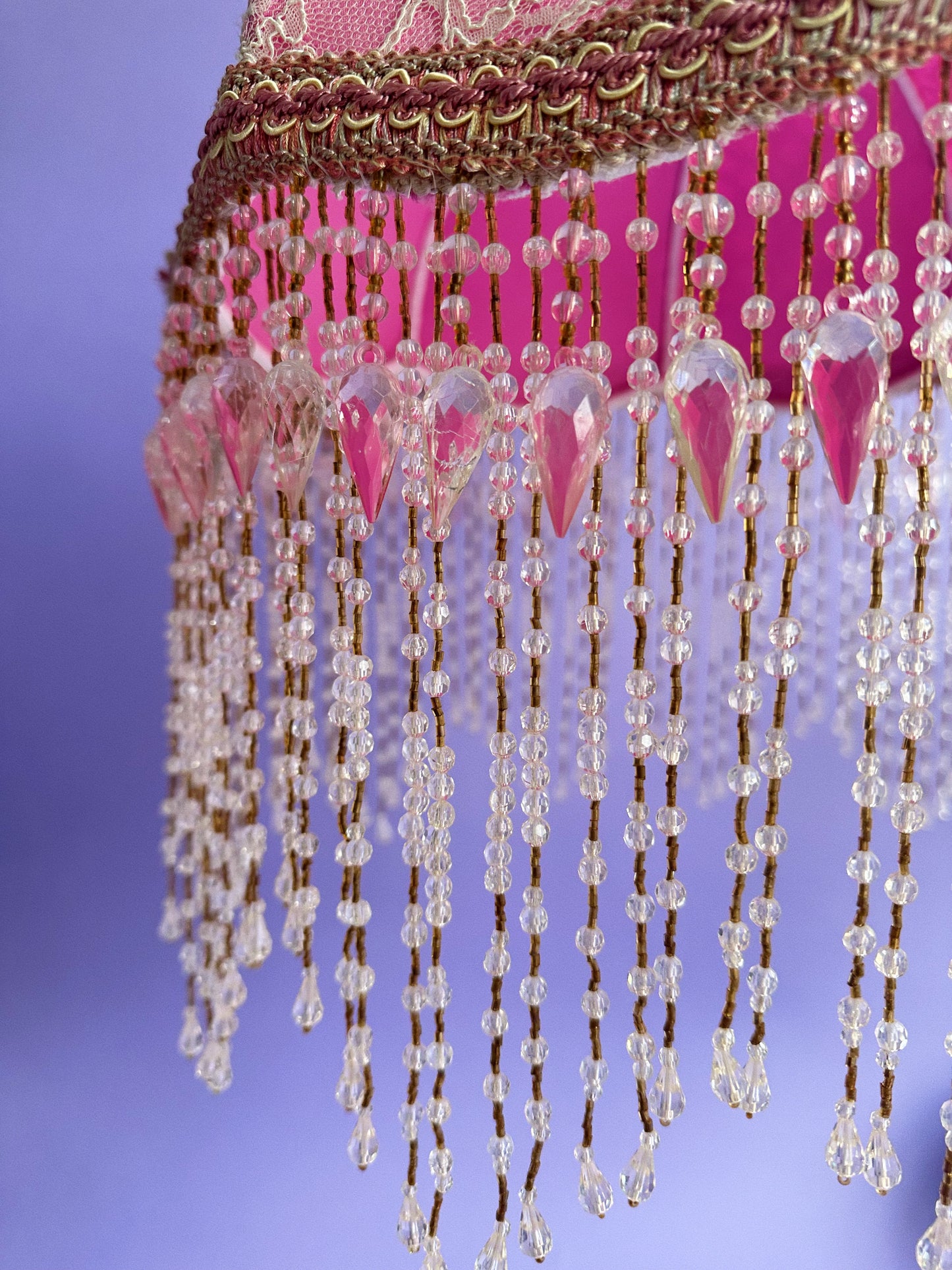 Pair of Victorian French Large Lamp Shade Lace "Blush" Pink Bead Fringe Scallop