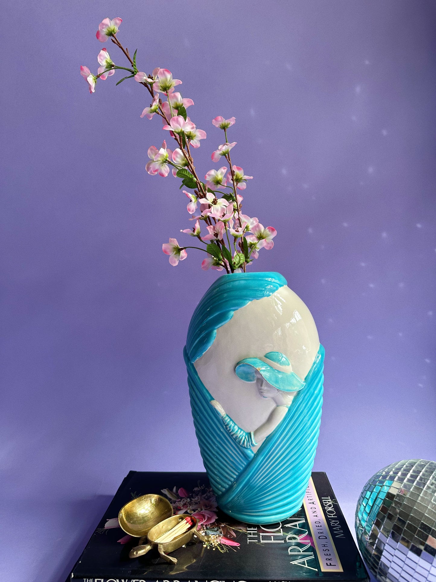 1980s Blue & White Art Deco Revival Ceramic Floral Vase