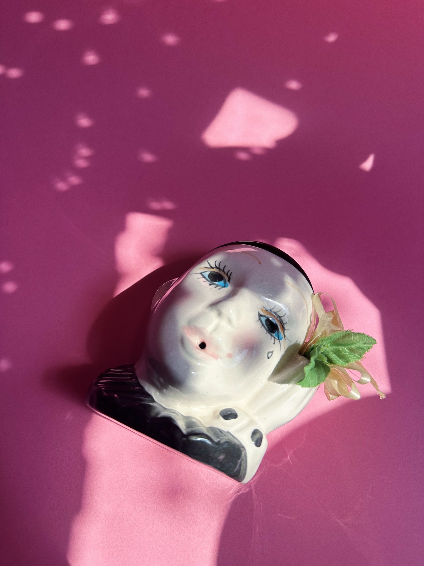 Vintage Ceramic Pierrot Clown Head Twine Dispenser with Pink Flower Accent