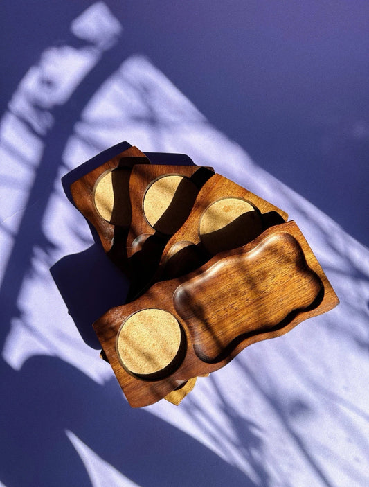 Vintage MCM 4 Pce Set of Wood Snack Trays with Cork Coaster Inlay Tempo Hardwood