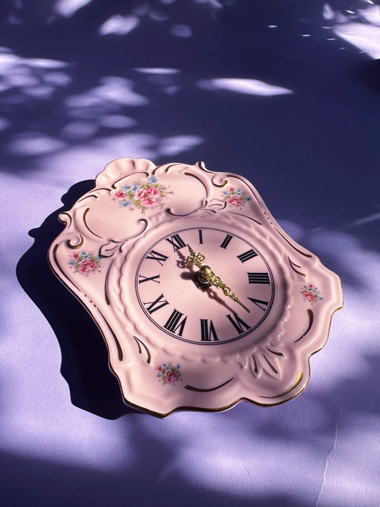 Vintage Czech Elegant Pink Porcelain Floral Wall Clock