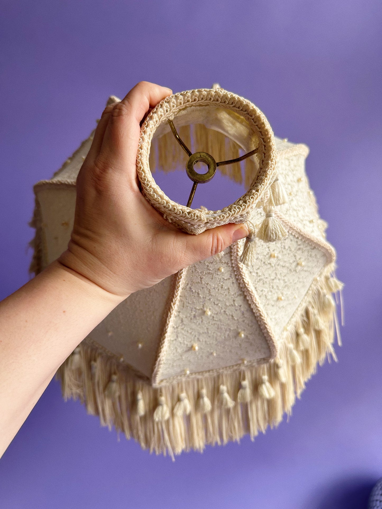 Vintage Boudoir Table Lamp Shade Ivory Cream Fringe Scallop Pearls Tassel