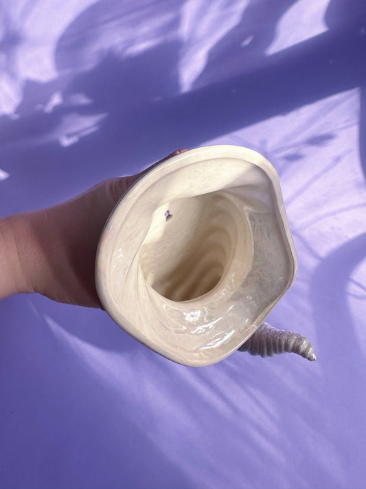 Vintage Ceramic White Iridescent Cornucopia Wall Pocket