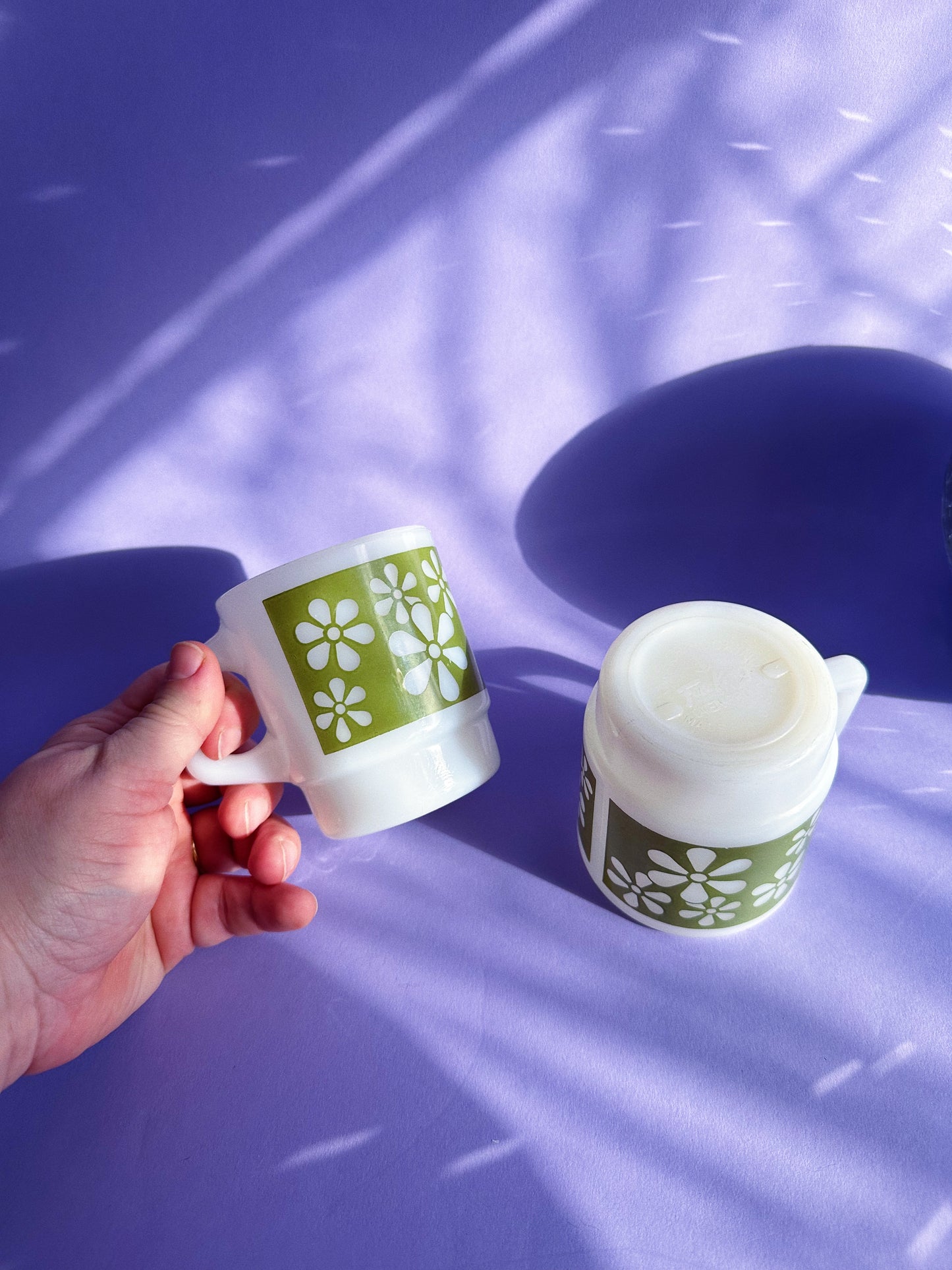 Anchor Hocking Fire King Mugs Green Flowers Milk Glass Lot Of (2) Great Cond