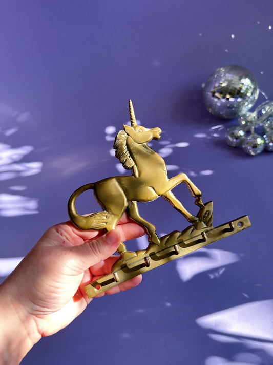 Vintage Solid Brass Unicorn Laying Down Mythical Magical Key Rack Hooks