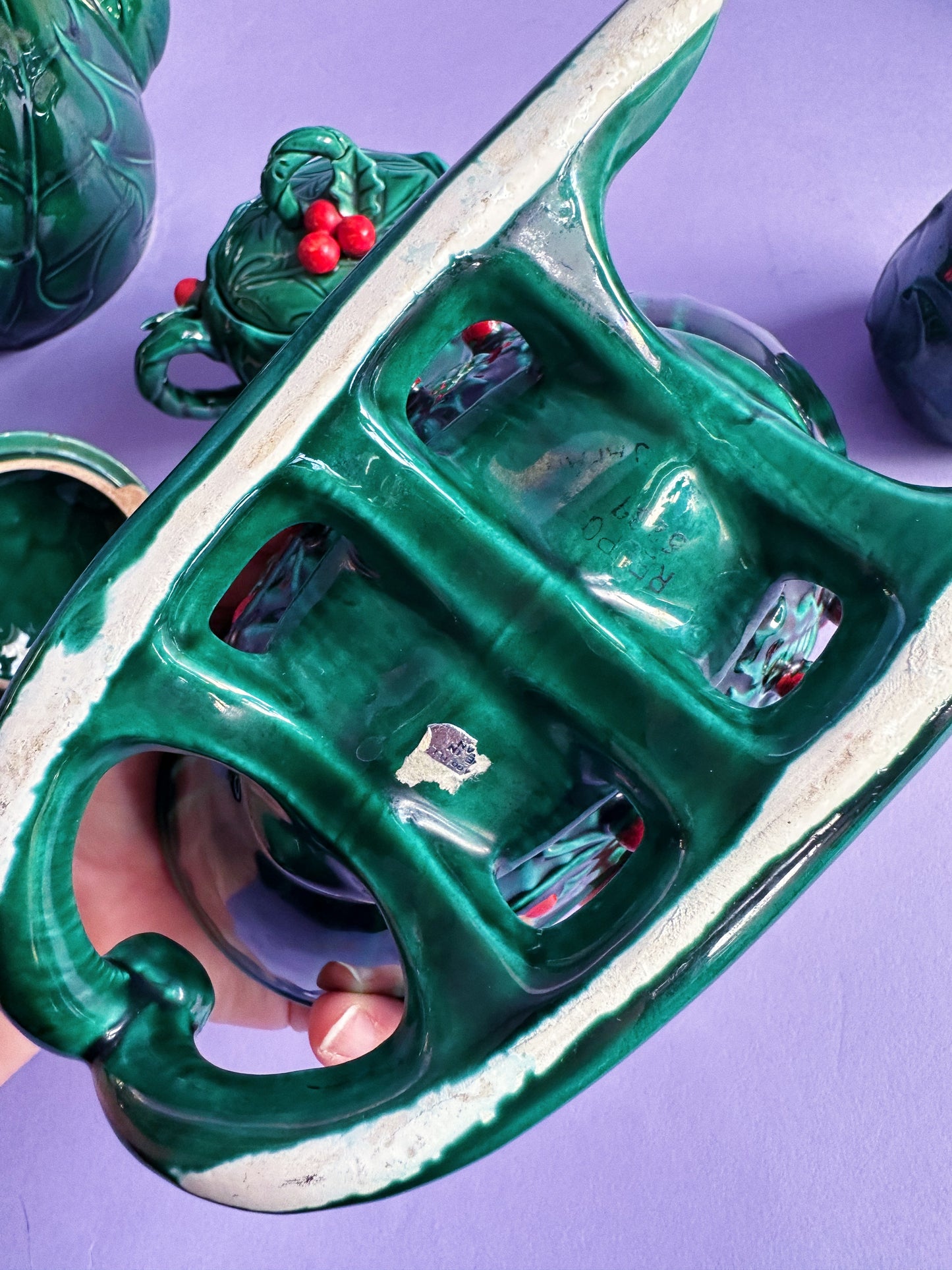 Vintage Lefton Ceramic Set Green Holly Red Berry Teapot, Sugar, Creamer & Sleigh