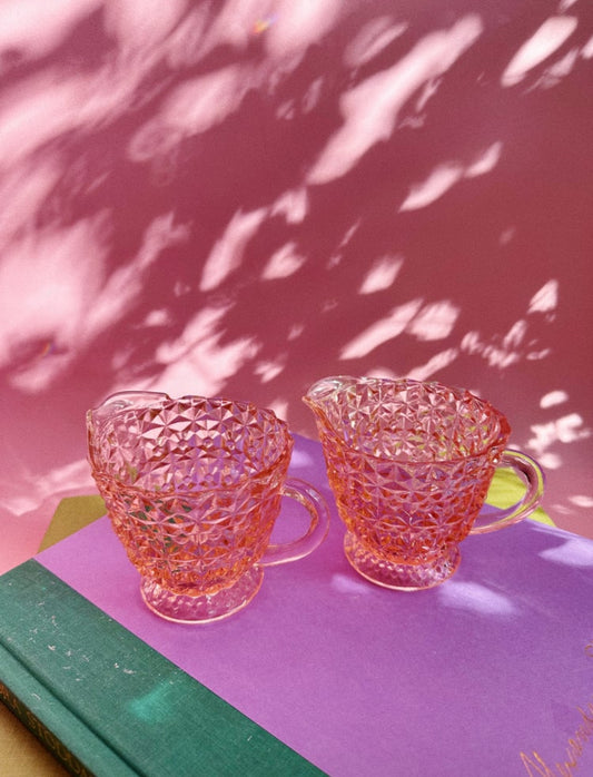 Pair Of Jeanette Glass Buttons and Bows Pattern Pink Depression Creamers