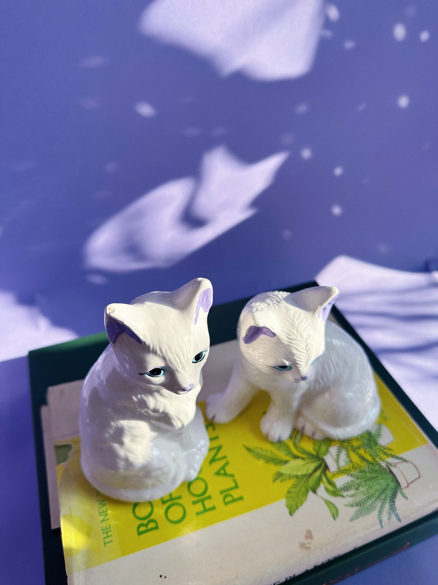 Vintage Pair of Ceramic White Cat Sculptures w Purple Details