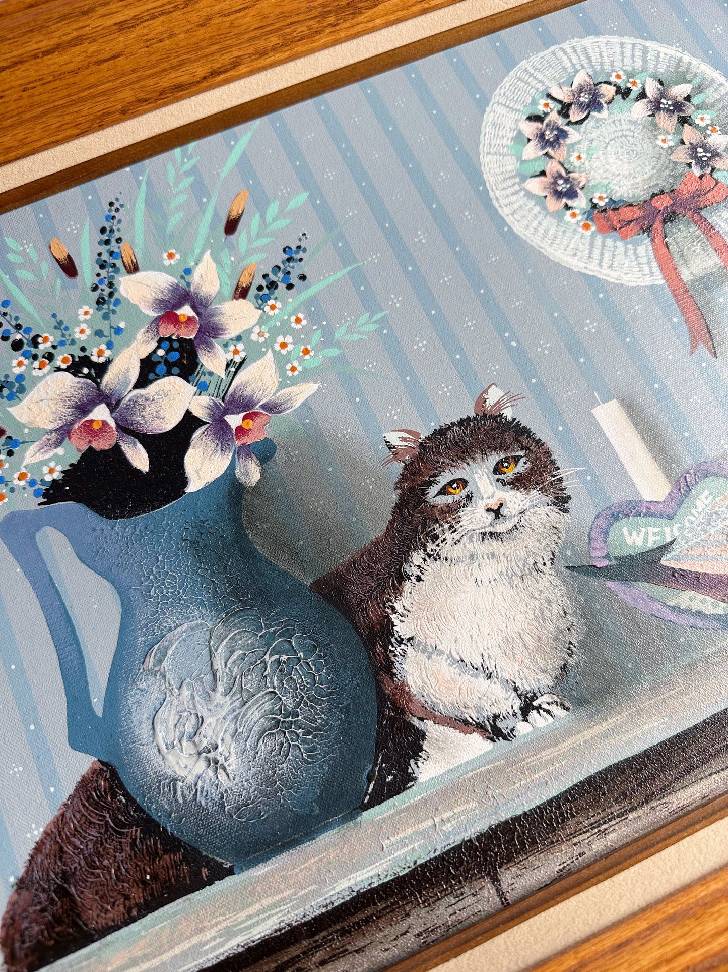 Framed Hamilton Cat & Duck Decoy Oil Painting Folk Country, Cabin Farm House