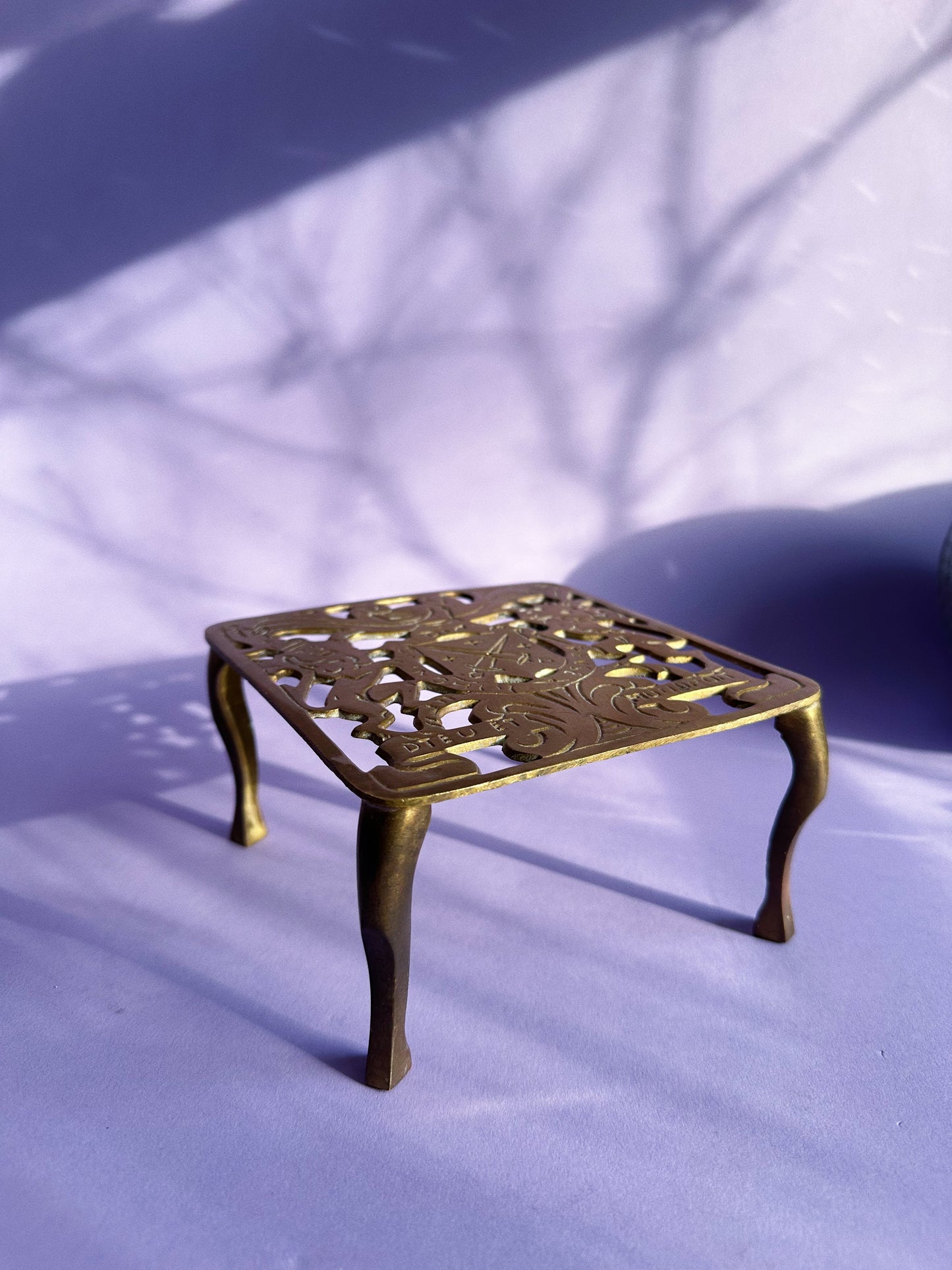 Antique Brass Tea Pot Stand, Royal Coat of Arms Design Vintage Solid