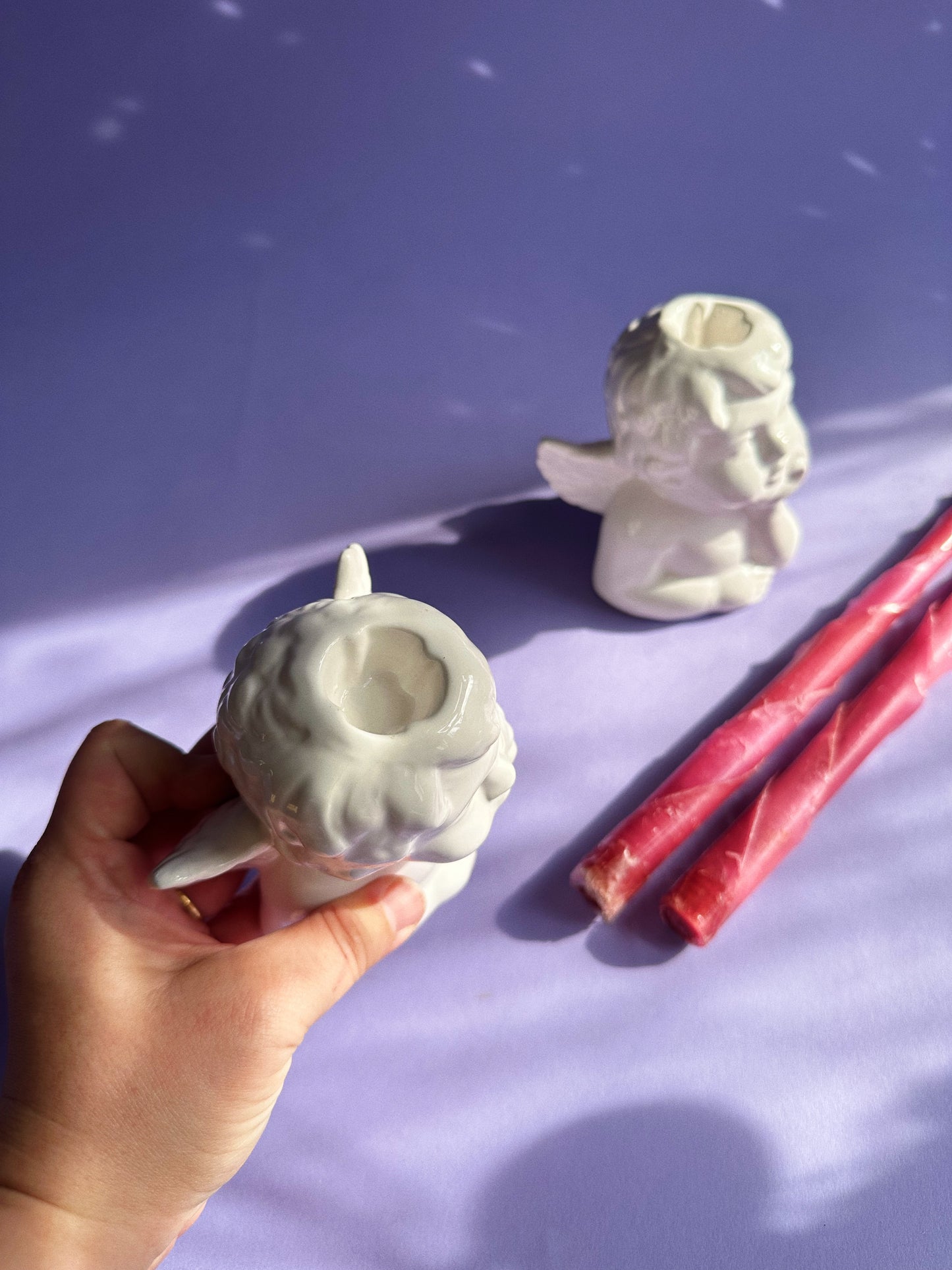 Vintage White Ceramic Cherub Candlesticks