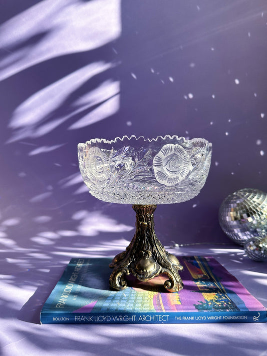 Mid Century Filigree Starburst Glass Compote Dish Metal Base Hollywood Regency