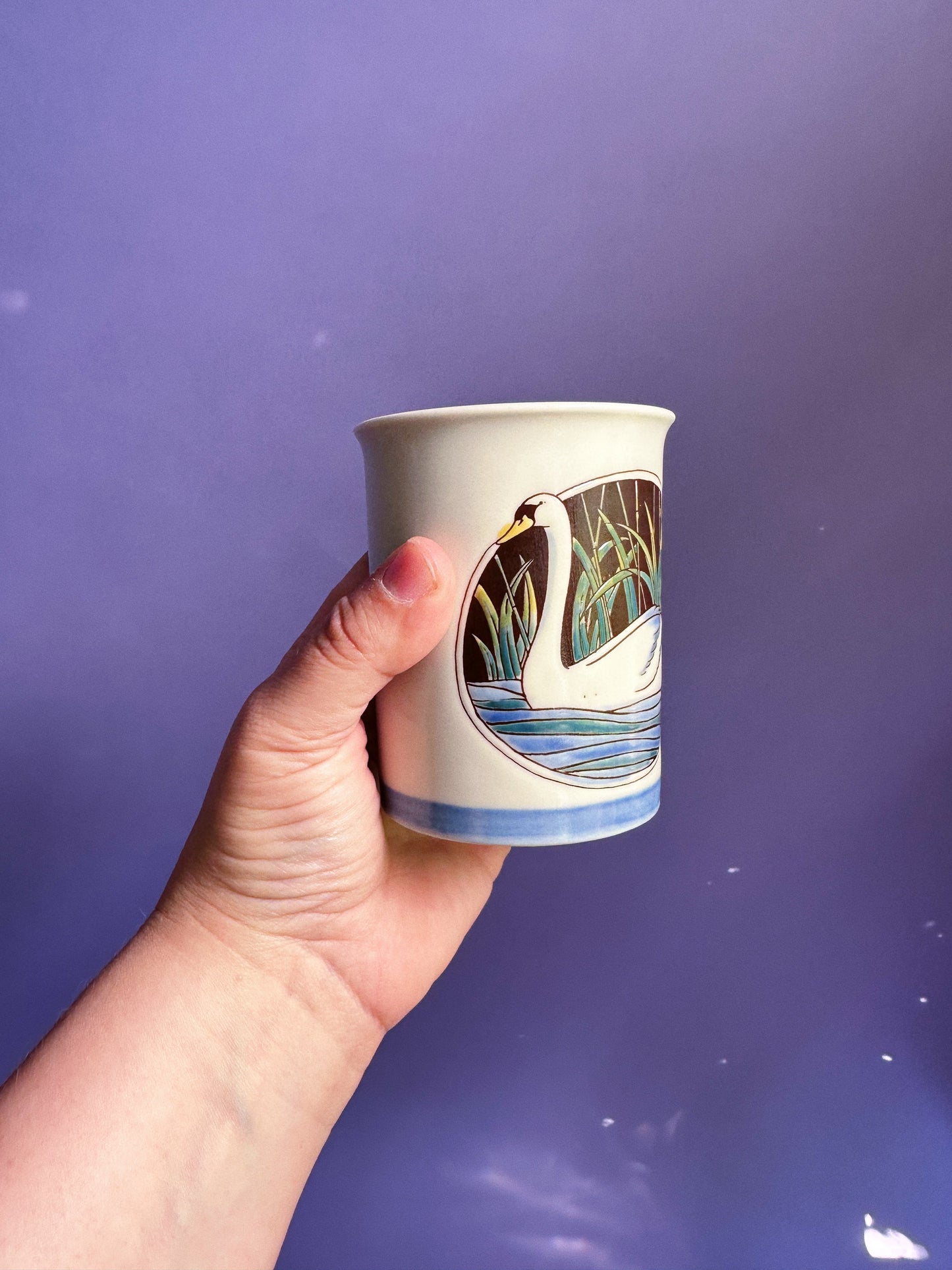 Pair Of Vintage Otagiri Swan Mugs Blue Ceramic Water Plants Lake Japan