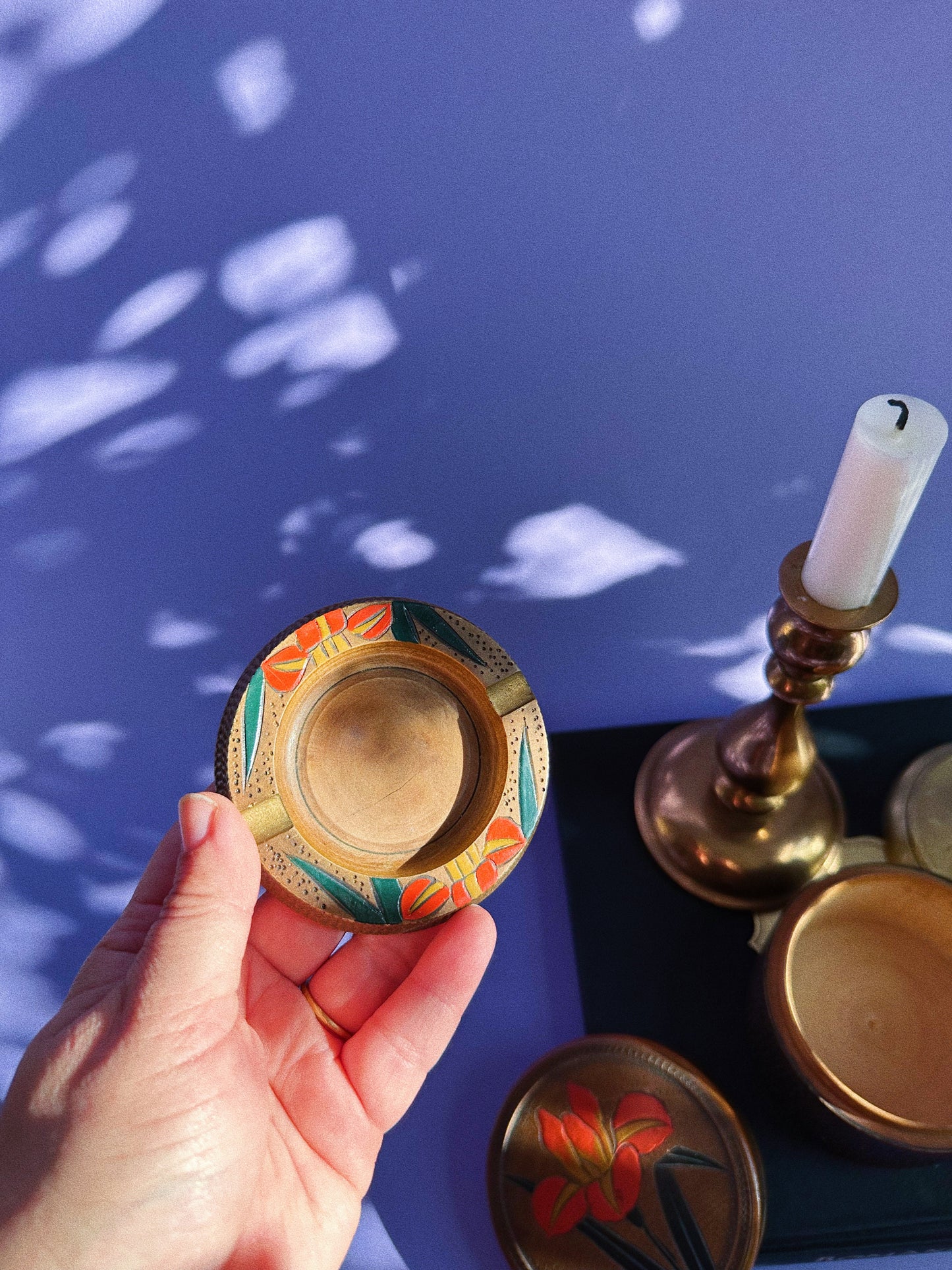 Vintage Wood Tulip Ashtray Set Lidded Box