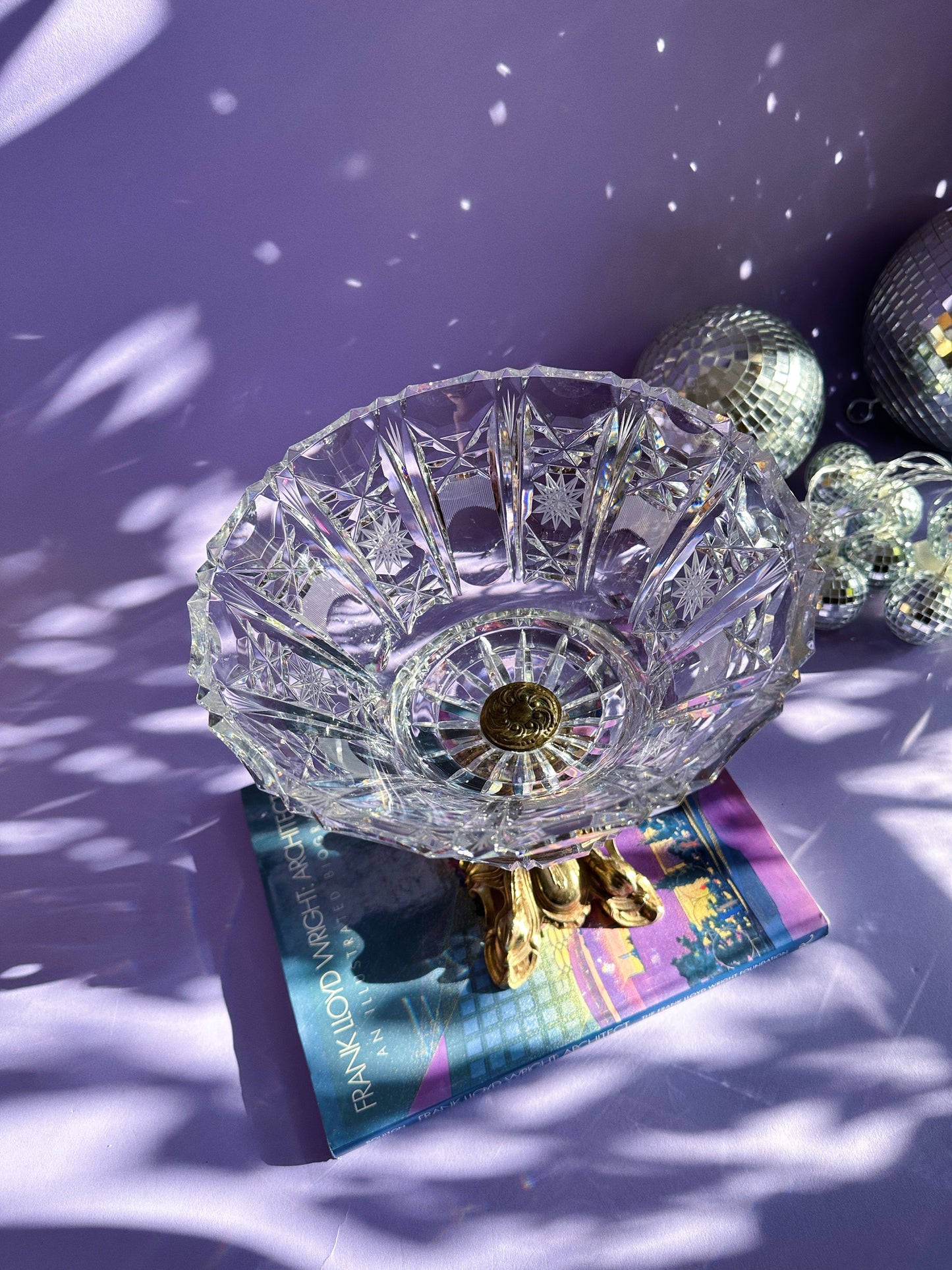 L&L Cut Glass Pedestal Centerpiece Bowl Bronze Brass 9 1/8 X 8 1/2"